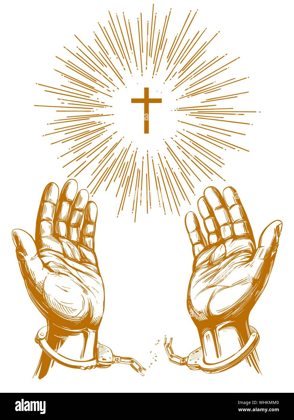 Christliches symbol Kreuz mit hellen Strahlen, die Hände brechen die Kette Handschellen, ein Symbol der Freiheit und der Vergebung das Symbol Hand gezeichnet Vektor-illustration sket Stock Vektor