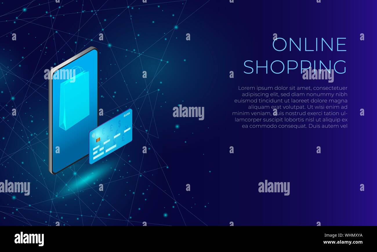 Blau polygonalen Online shopping User Interface. Konzept der Mobilen online Zahlungen. Stock Vektor