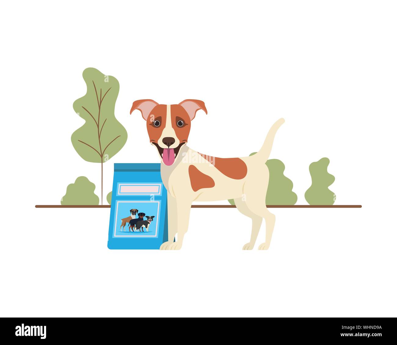 Hund mit Hundefutter Beutel auf Landschaft Stock Vektor