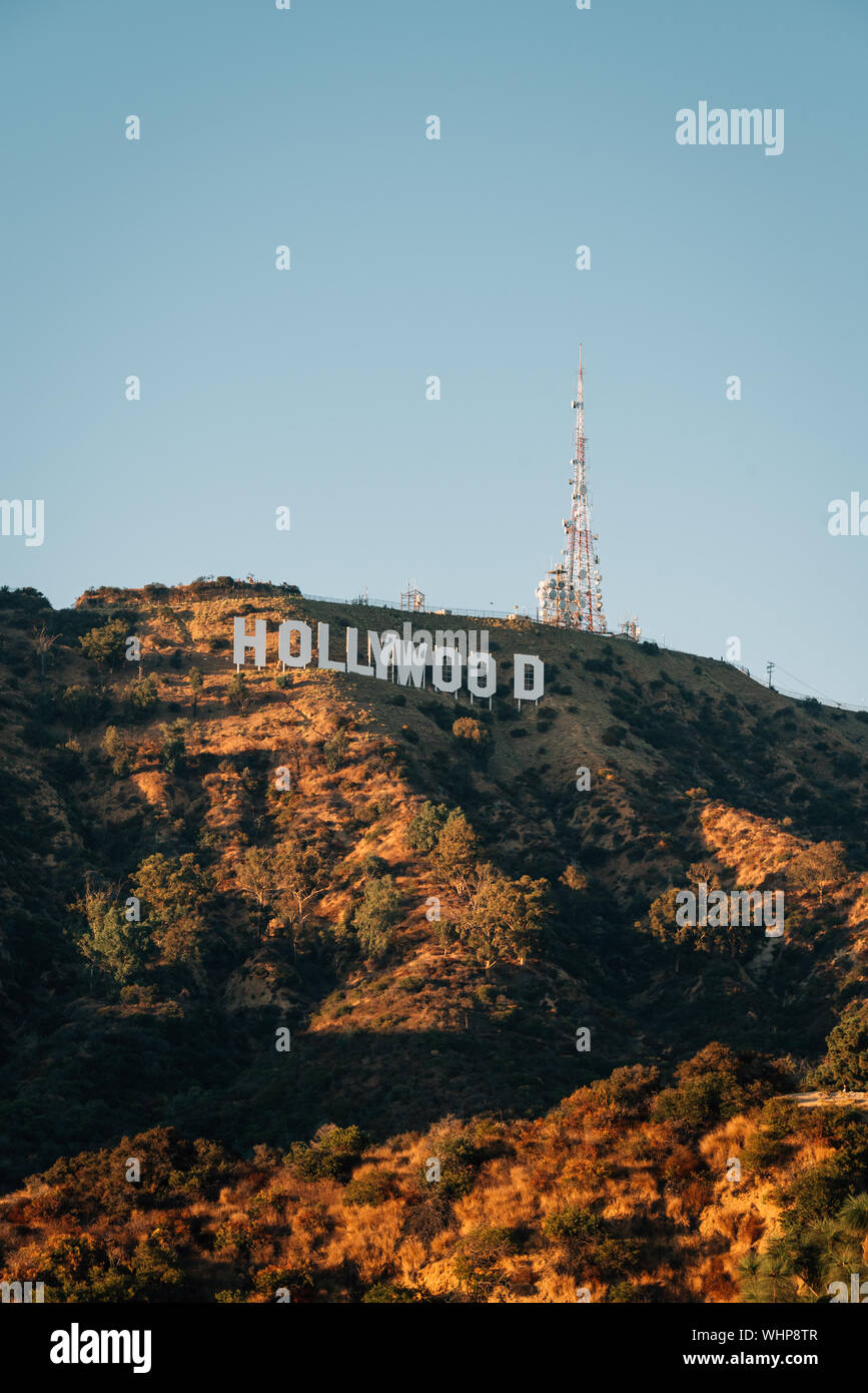Blick auf das Zeichen von Hollywood vom See Hollywood Park in Los Angeles, Kalifornien Stockfoto