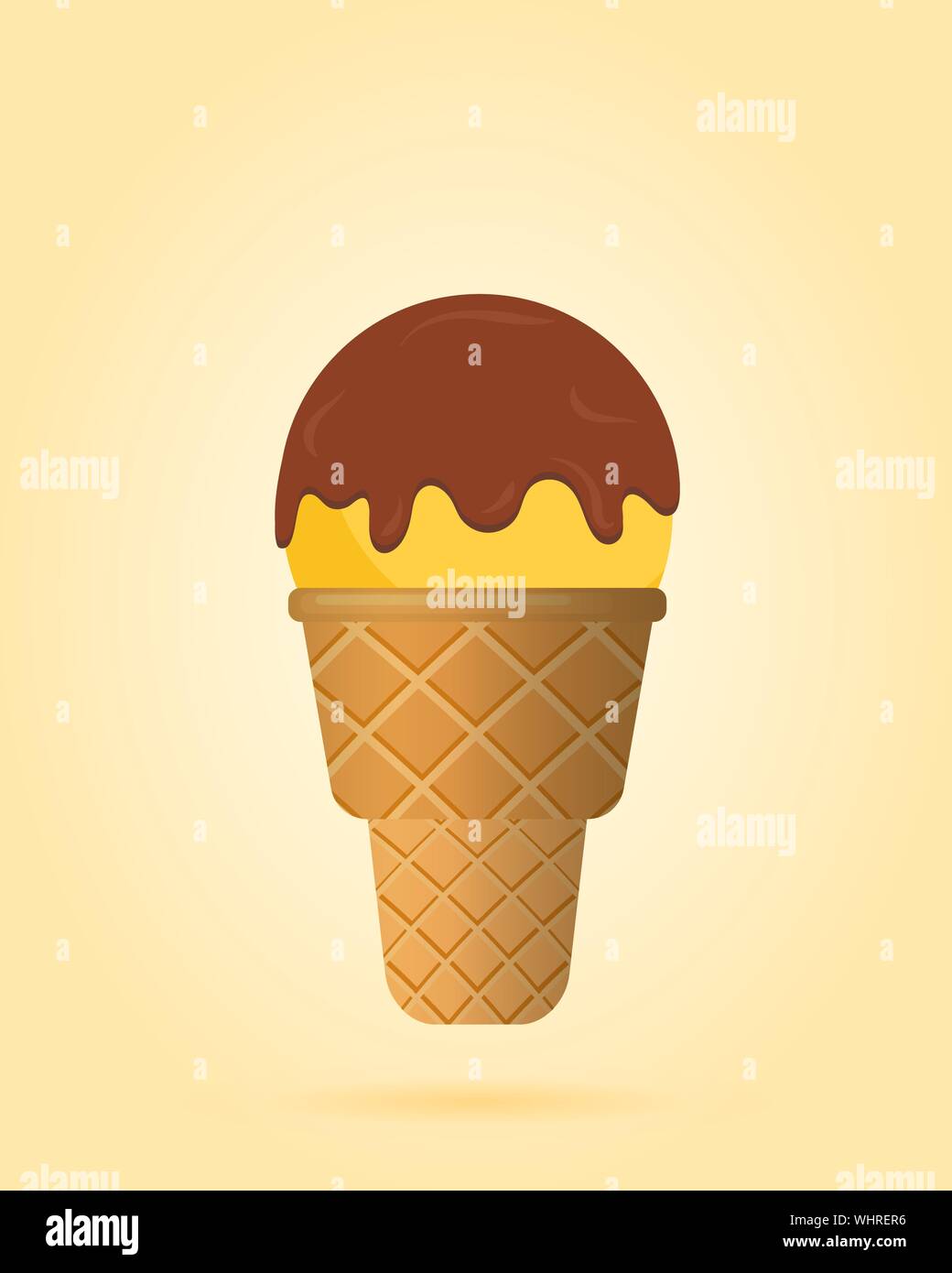 Gelbe Eis mit Schokolade topping im Waffle Schale, Milchprodukt. Eisportionierer Bild im flachen Stil. Vector Illustration. Stock Vektor