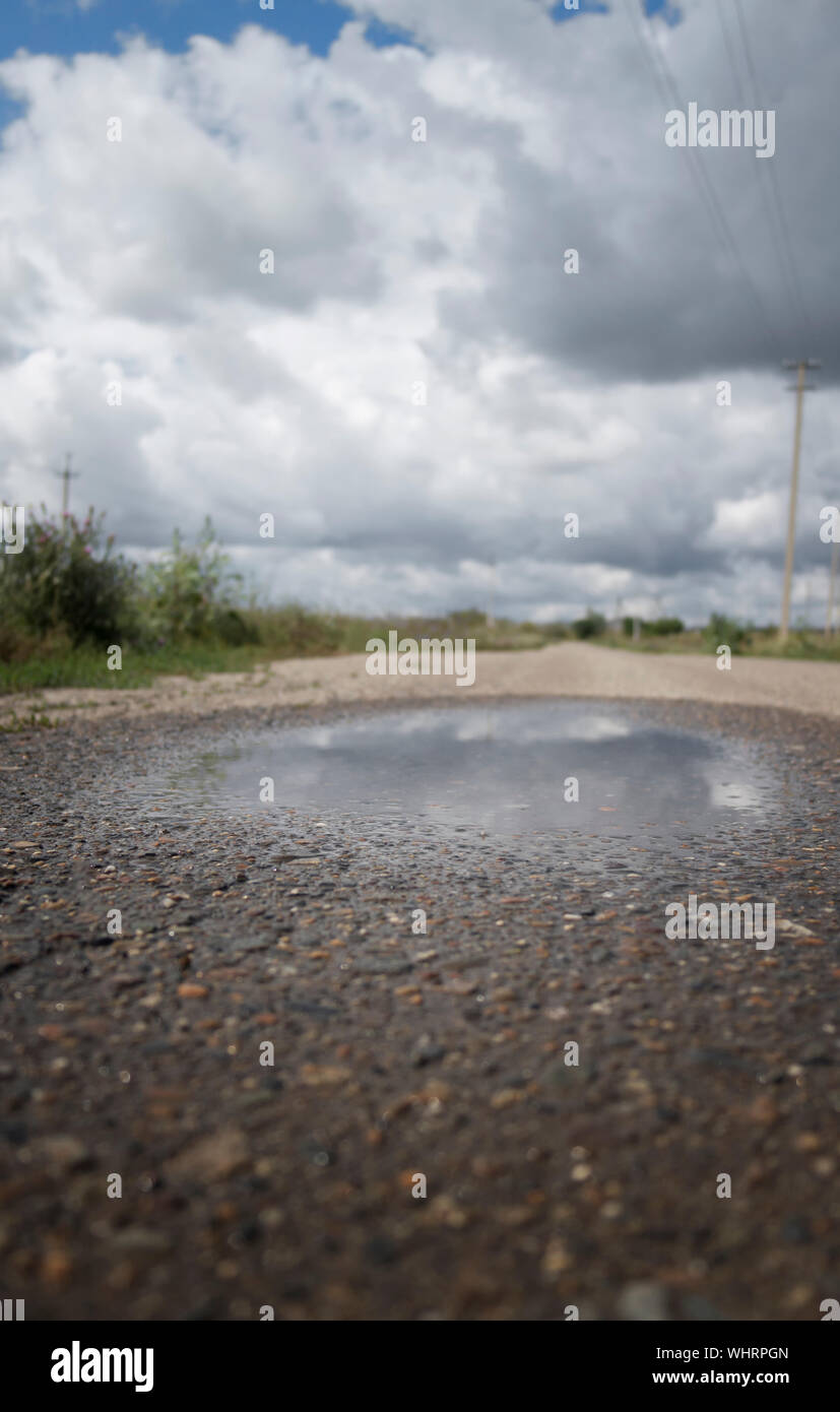 Pfütze auf der Straße. Ländliche asphaltierte Straße. Natur Landschaft. Stockfoto