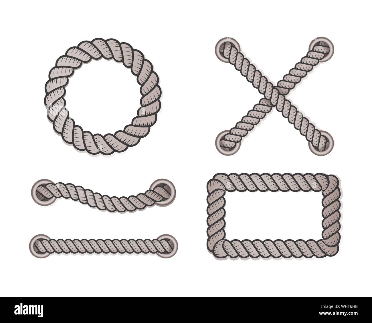 Seil für Dekoration und abdecken, nautische verdrilltes Seil Knoten. Runde und quadratische Seil Frames, Netzkabel Grenzen. Dekoration Elemente. Vector Illustration. Stock Vektor