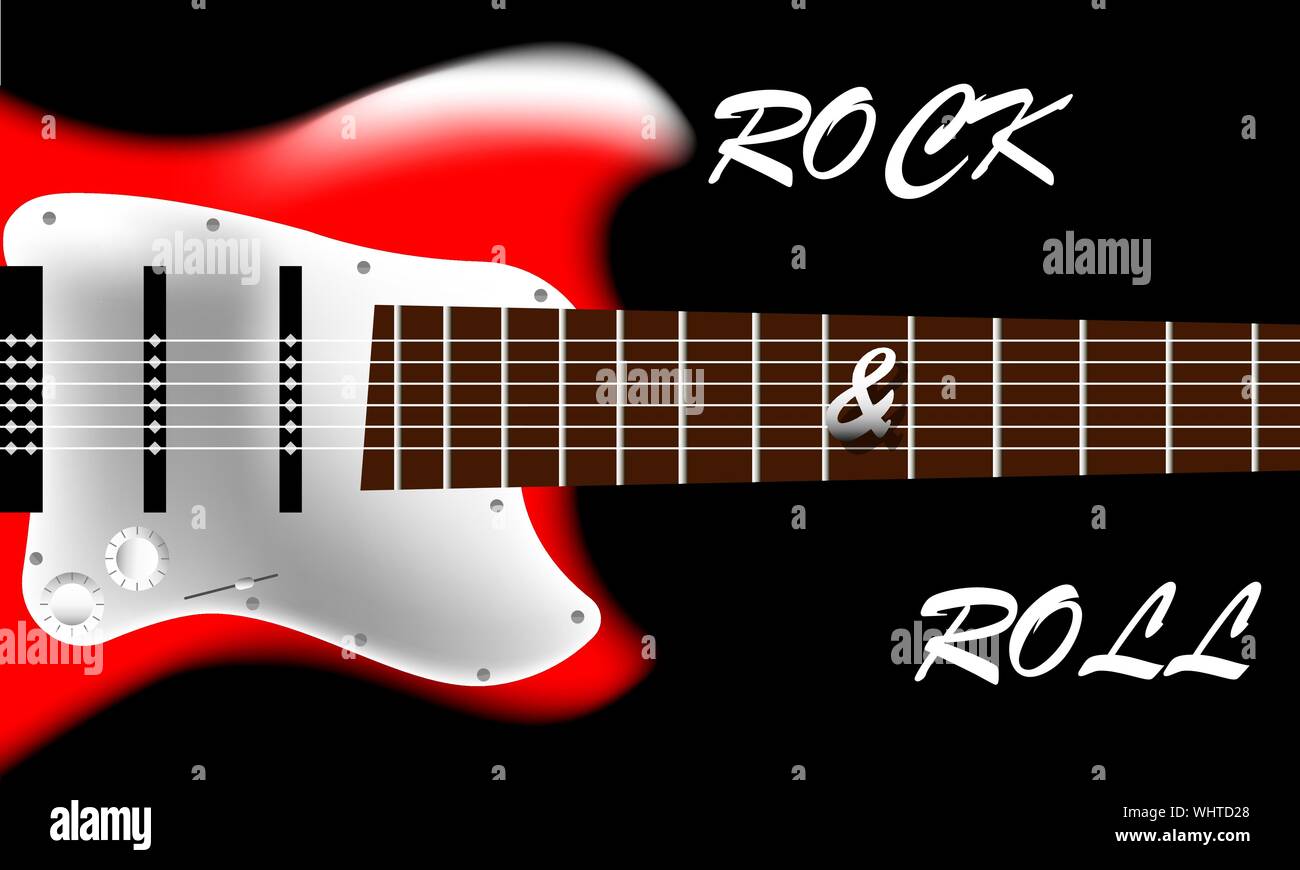 Plakat mit dem Bild einer E-Gitarre auf einem schwarzen Hintergrund. Rock und Roll Inschrift Stock Vektor