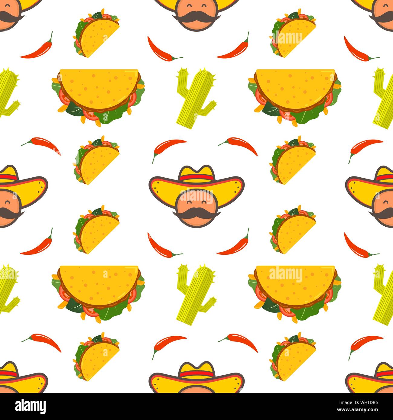 Traditionellen mexikanischen Taco. Taco logo für Restaurant oder Cafe Design. Mexikanisches Essen. Vector Illustration nahtlose Muster. Stock Vektor