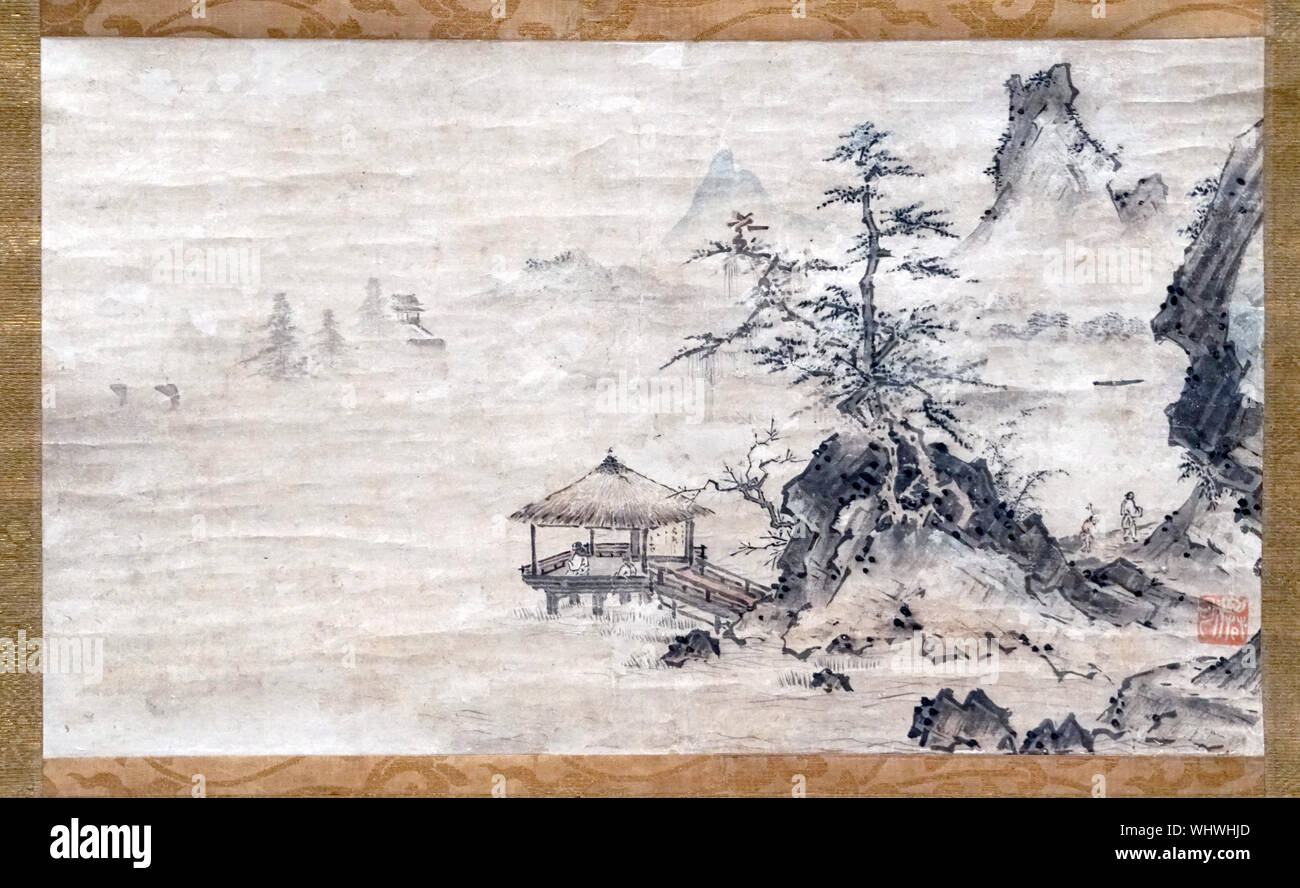 Sansui zu (Landschaft mit Bergen und See) von Senka, Tinte und helle Farbe auf Papier, Muromachi-Zeit, 16. Jahrhundert Stockfoto