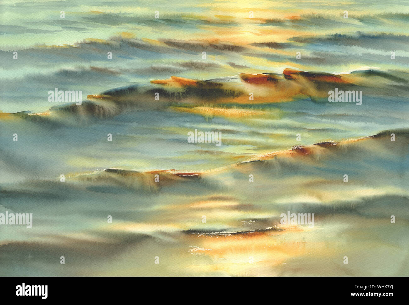 Abends Farben am Meer Aquarell Hintergrund. Wasser Reflexionen Stockfoto