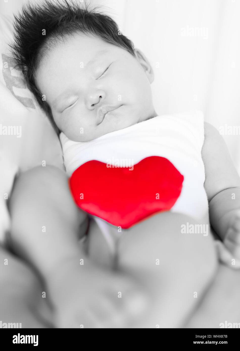 Adorable Schlafendes Baby Durch Die Mutter In Schwarz Und Weiss Geschaukelt Beim Halten Einer Isolierten Roten Herzen Stockfotografie Alamy