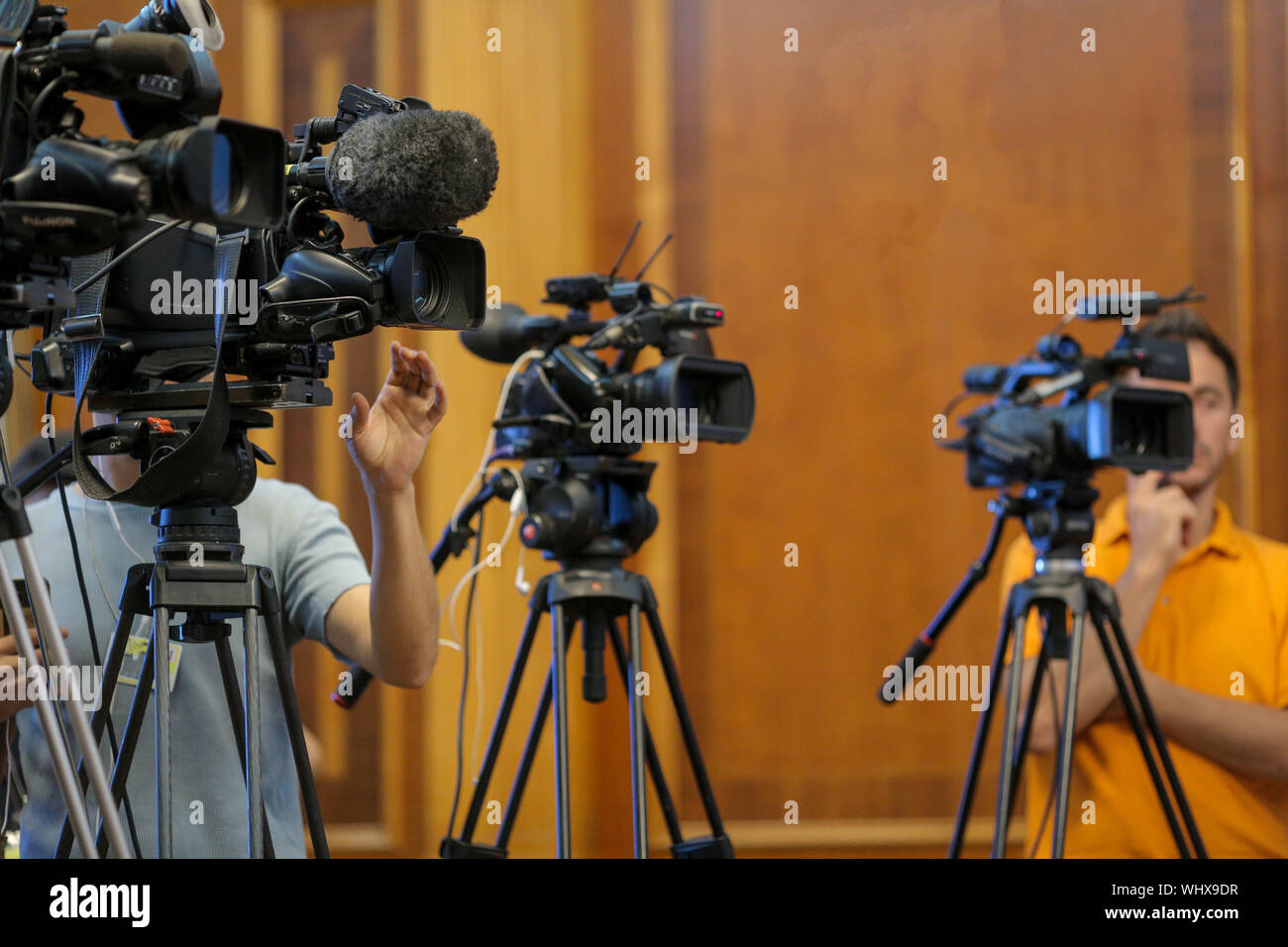 Details mit Fernsehen Video Kameras und Aufzeichnung Ausrüstung während einer Presseveranstaltung Stockfoto