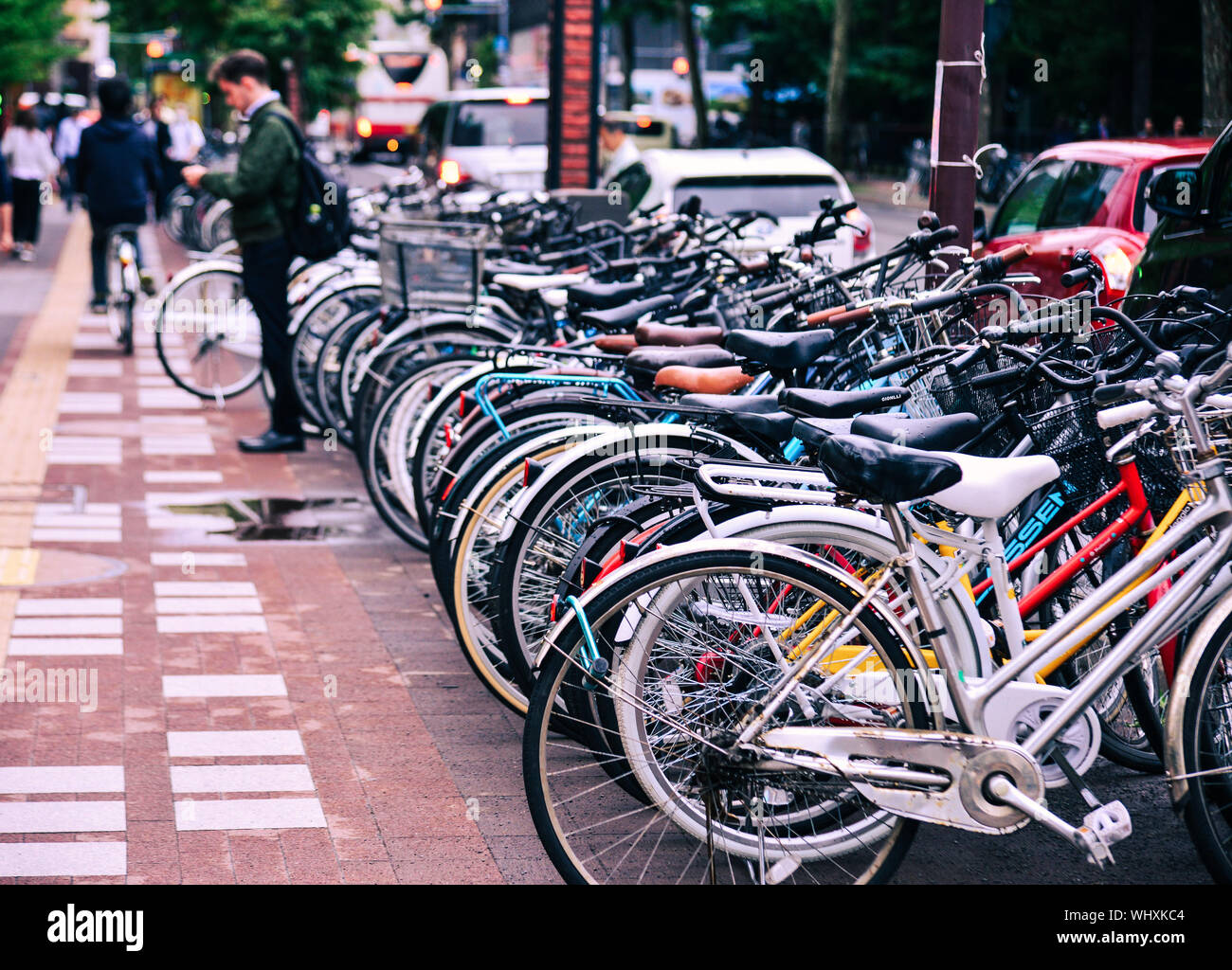 Sapporo, Japan - Jul 2, 2019. Reihe von Fahrrad auf Straße in Sapporo, Japan. Sapporo ist die Hauptstadt von den Bergen der nördlichen Insel Hokkaido. Stockfoto