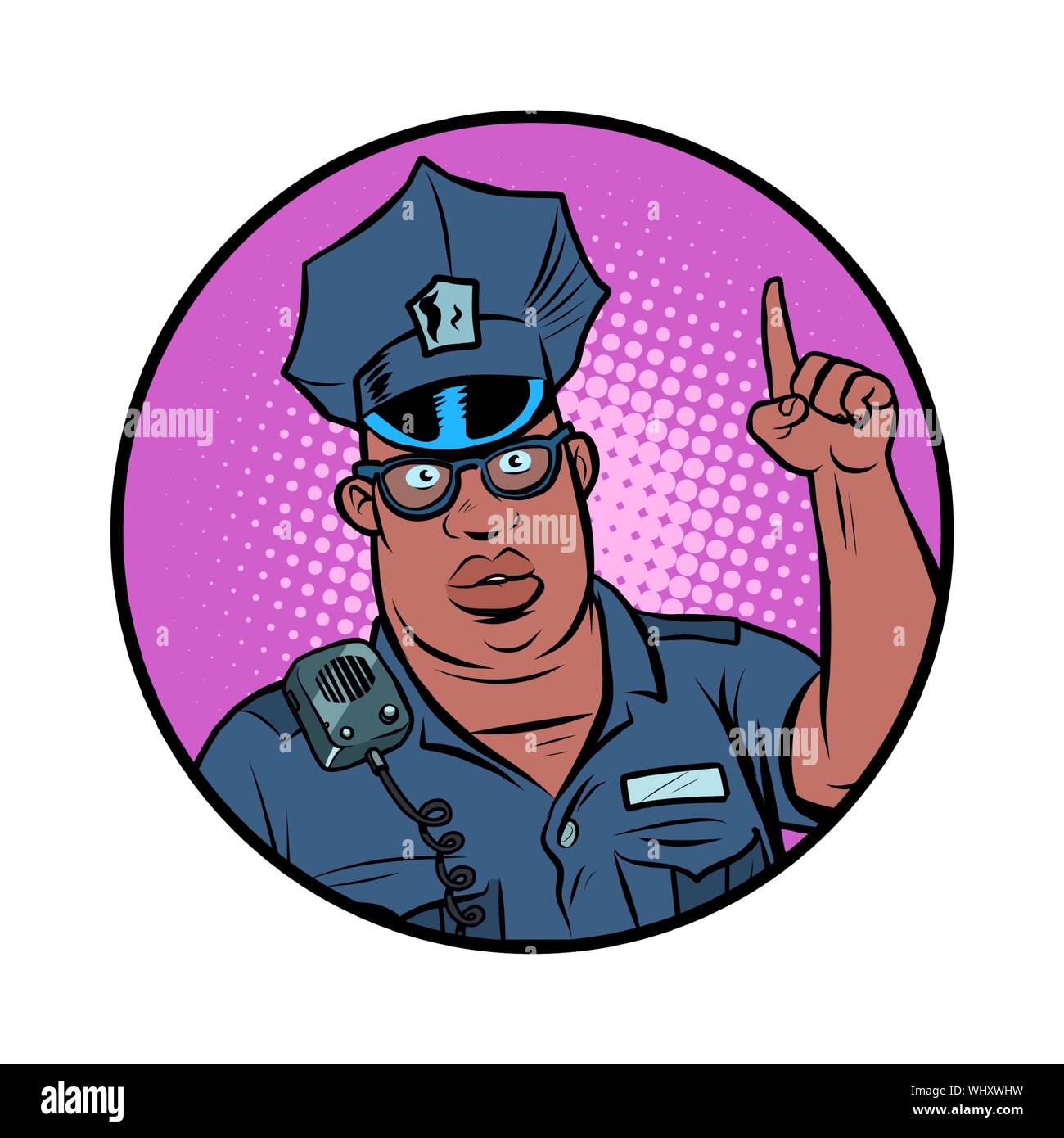 African Police Officer Index Finger nach oben. Comic cartoon Pop Art retro Vektor Zeichnung Abbildung Stock Vektor