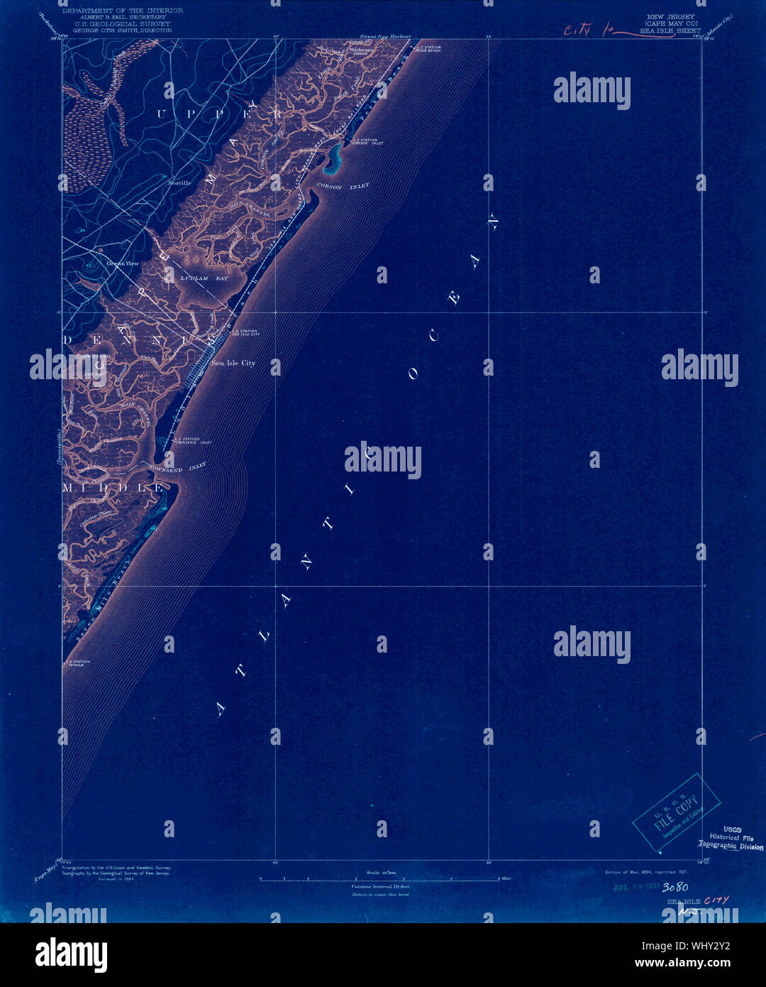 USGS TOPO Karte New-Jersey NJ Sea Isle 255378 1894 62.500 invertiert Wiederherstellung Stockfoto