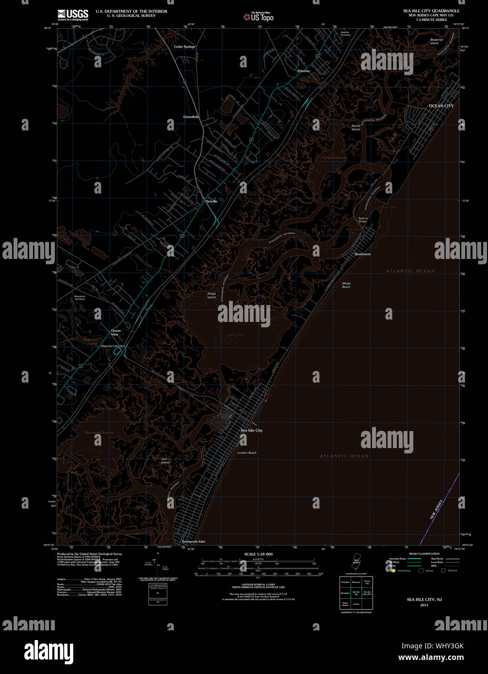 USGS TOPO Karte New-Jersey NJ Sea Isle City 20110428 TM invertiert Wiederherstellung Stockfoto