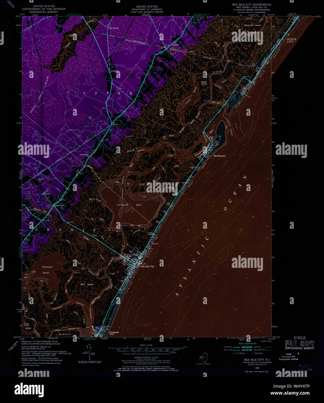 USGS TOPO Karte New-Jersey NJ Sea Isle City 254868 1952 24000 invertiert Wiederherstellung Stockfoto