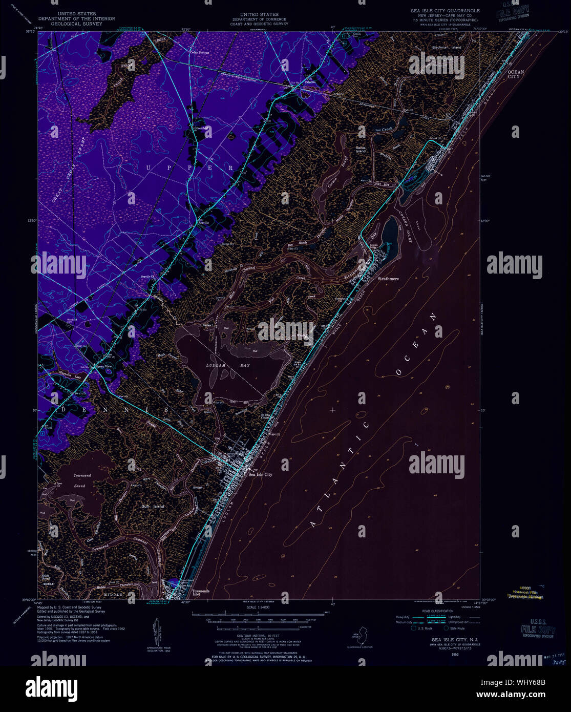 USGS TOPO Karte New-Jersey NJ Sea Isle City 254869 1952 24000 invertiert Wiederherstellung Stockfoto