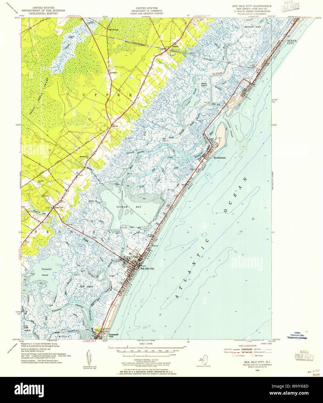 USGS TOPO Karte New-Jersey NJ Sea Isle City 254869 1952 24000 Wiederherstellung Stockfoto