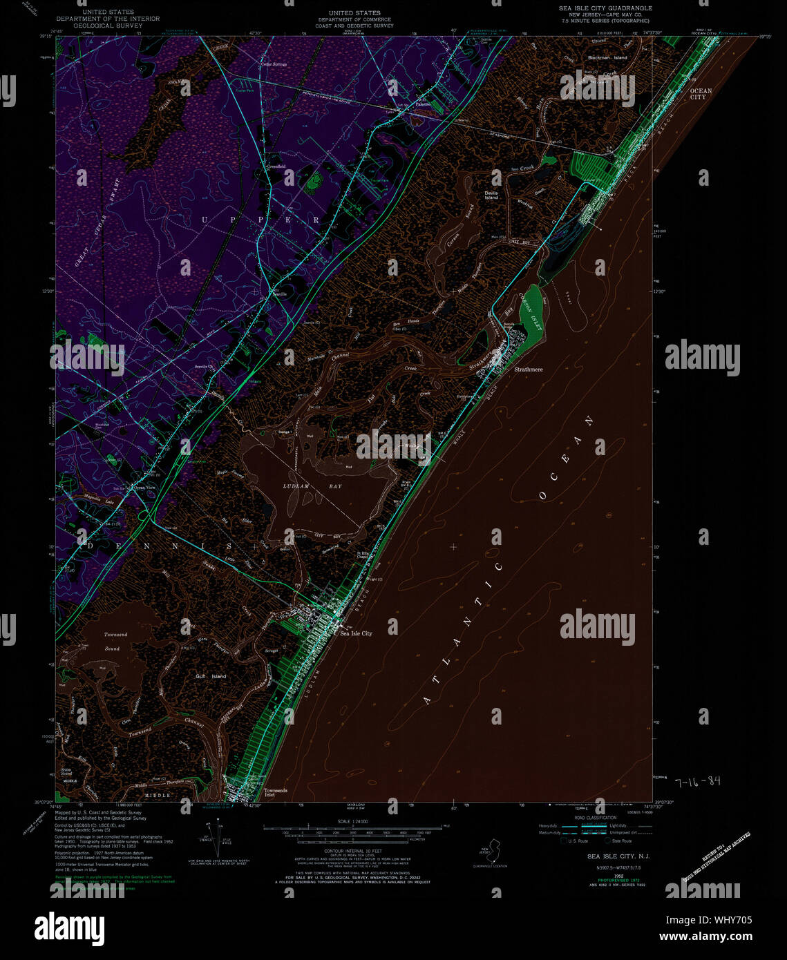 USGS TOPO Karte New-Jersey NJ Sea Isle City 254870 1952 24000 invertiert Wiederherstellung Stockfoto