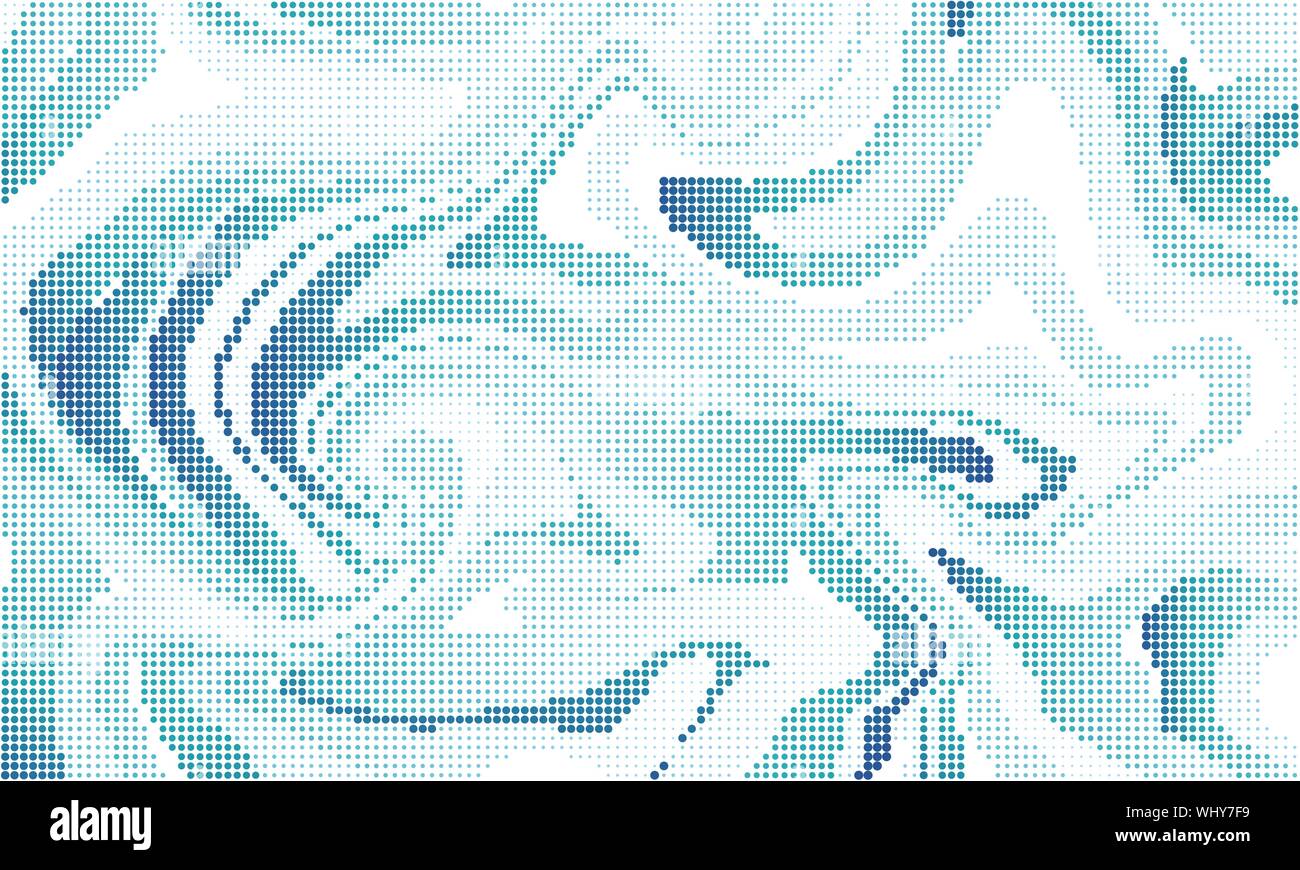 Flüssige vector Hintergrund mit halftone Wirkung. Blaue gestrichelte Kurven abstrakte Abbildung Stock Vektor