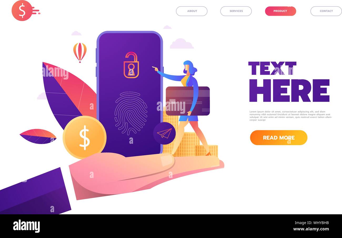 Fingerprint Access Password, Frau mit Mobiltelefon, Fingerprint persönliche Data Guard isometrische Vektor-illustration uv-Hintergrund. Stock Vektor