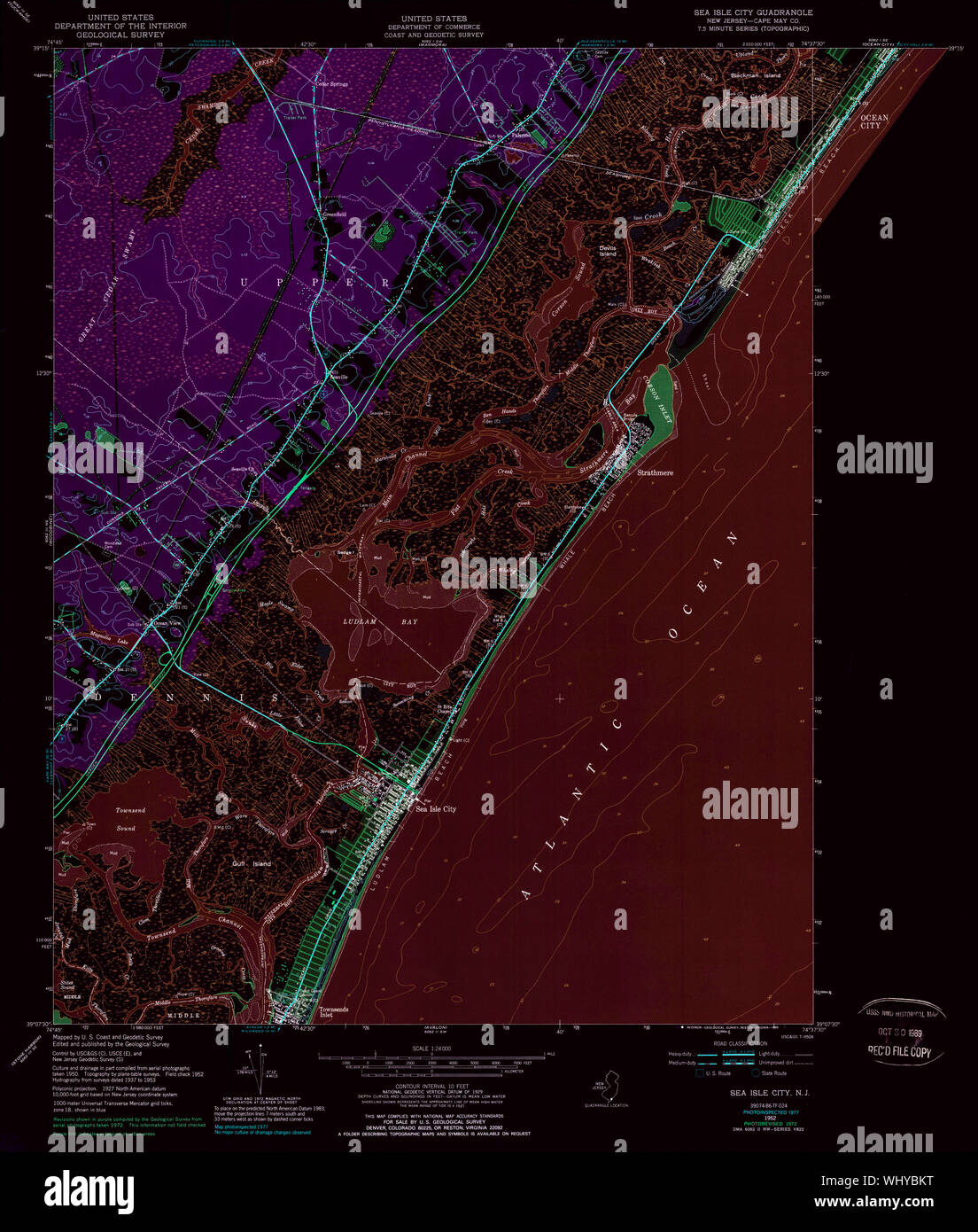 USGS TOPO Karte New-Jersey NJ Sea Isle City 254873 1952 24000 invertiert Wiederherstellung Stockfoto