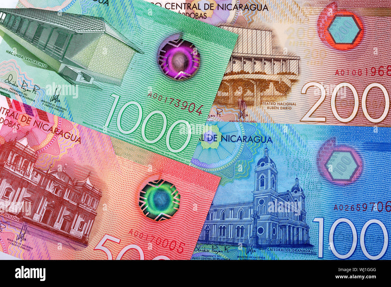 Neue Serie von Nicaraguanischen Cordobas, einen Hintergrund Stockfoto