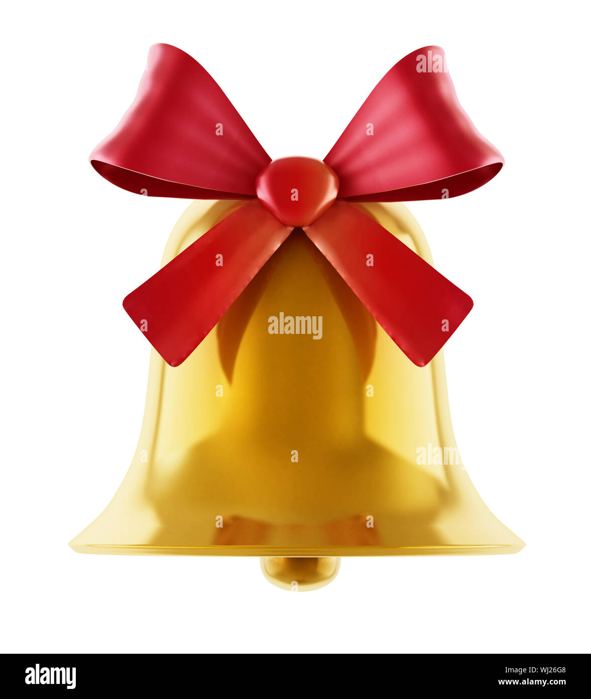 Gold Bell mit roter Schleife auf weißem Hintergrund. 3D-Darstellung. Stockfoto