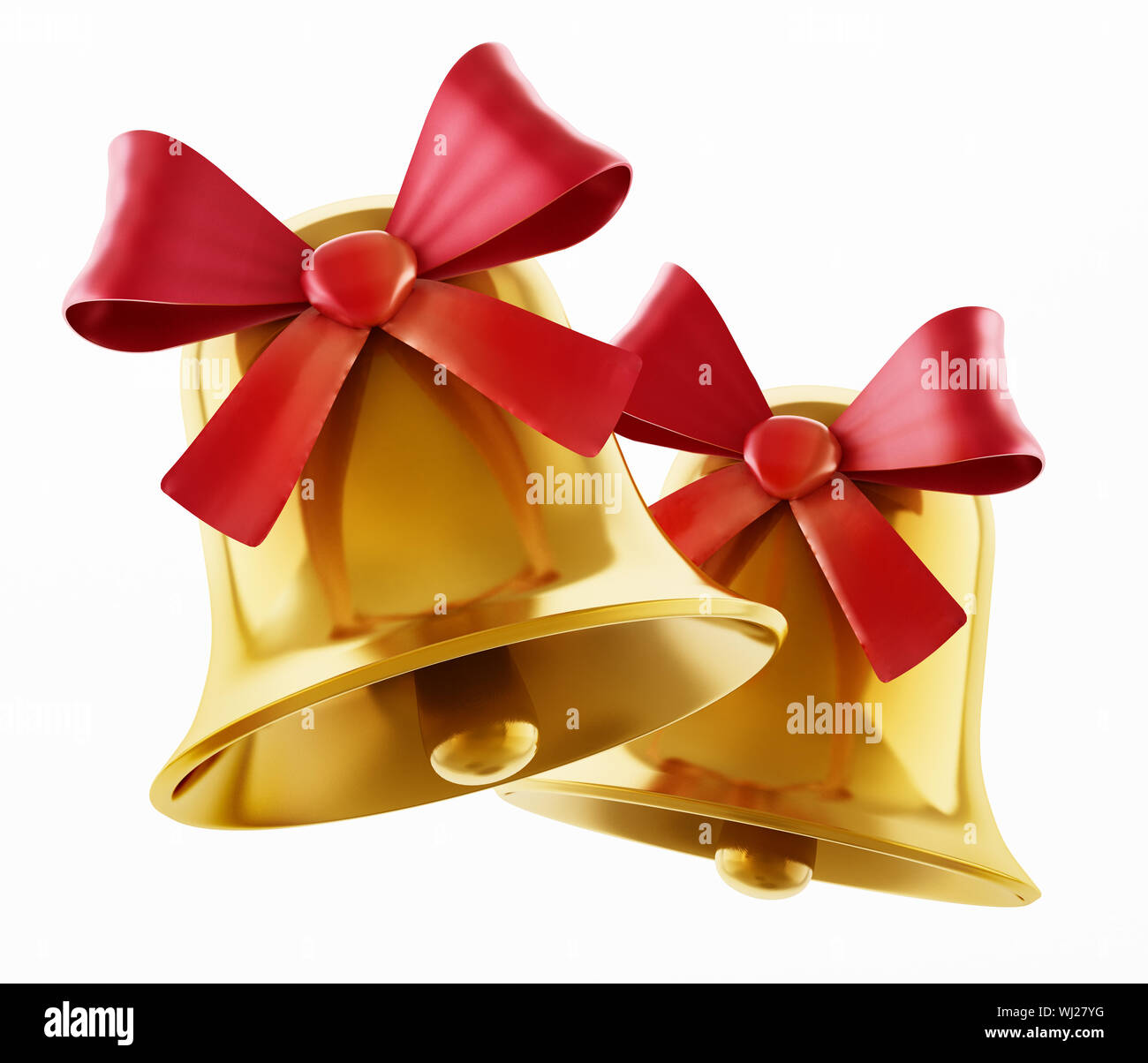 Goldene Glöckchen mit roter Schleife auf weißem Hintergrund. 3D-Darstellung. Stockfoto