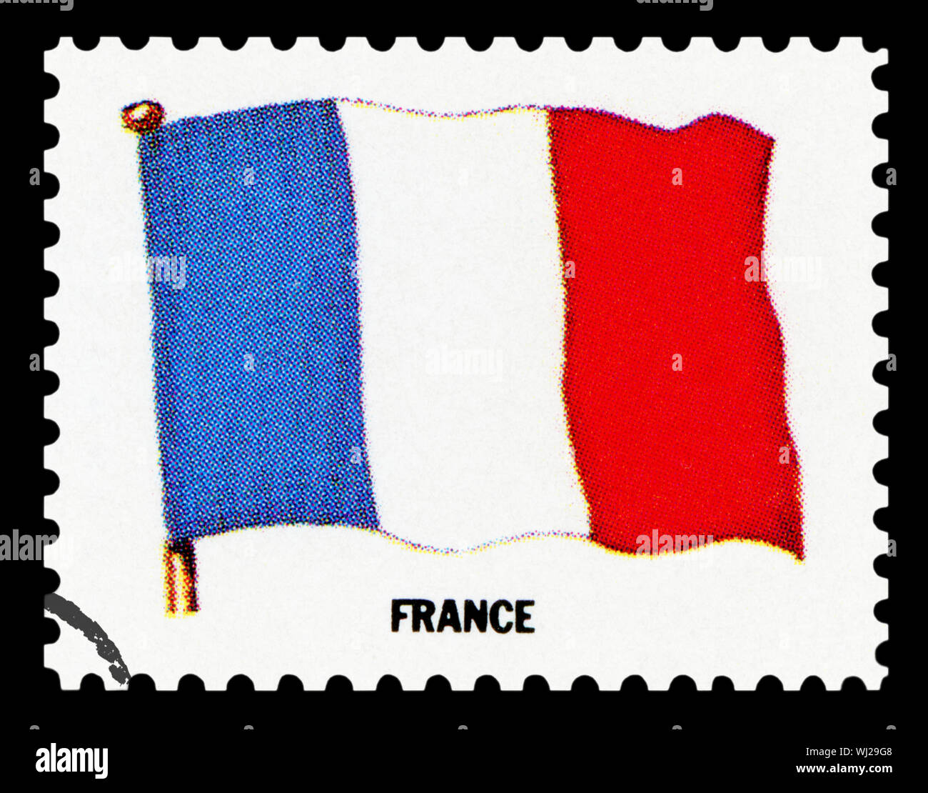 Flagge Frankreich - Briefmarke isoliert auf schwarzen Hintergrund. Stockfoto