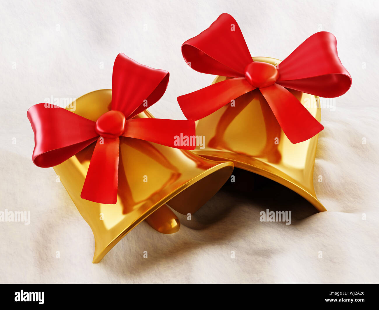 Goldene Glöckchen mit roter Schleife stehen im Schnee. 3D-Darstellung. Stockfoto