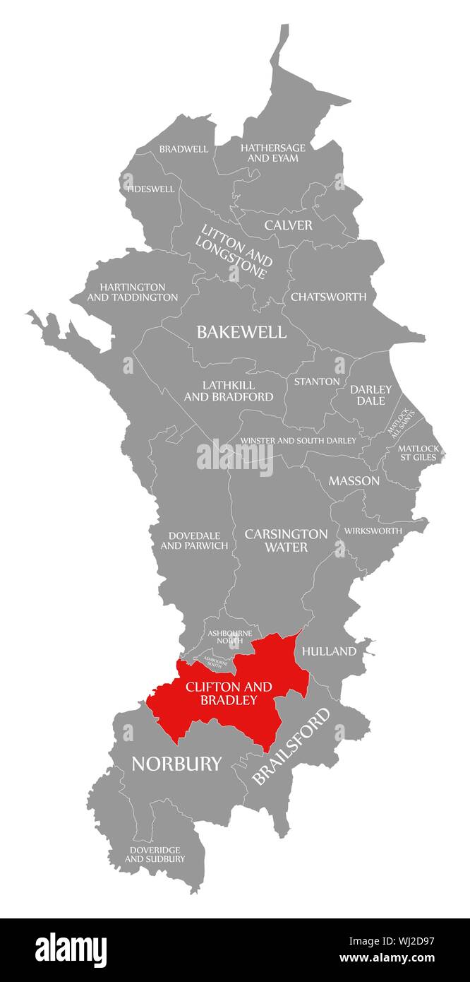 Clifton und Bradley in Rot hervorgehoben Karte von Derbyshire Dales District im East Midlands England Großbritannien Stockfoto