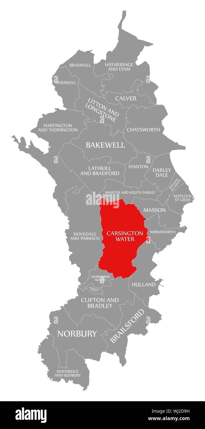 Carsington Water in Rot hervorgehoben Karte von Derbyshire Dales District im East Midlands England Großbritannien Stockfoto
