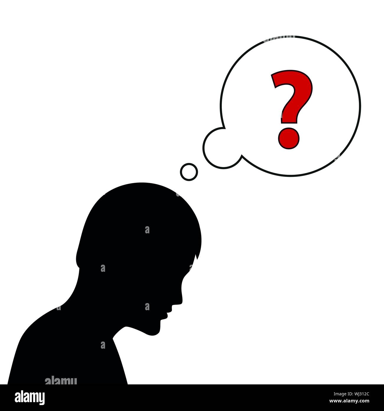 Silhouette eines Mannes mit dachte, Blase und Fragezeichen Vektor-illustration EPS 10. Stock Vektor