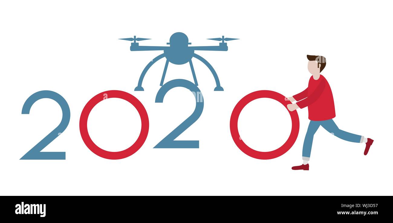 Vector Illustration. Drone und bringen Menschen Zahlen für 2020. Neues Jahr Hintergrund. Design für Webseiten, Präsentationen, drucken. Stock Vektor