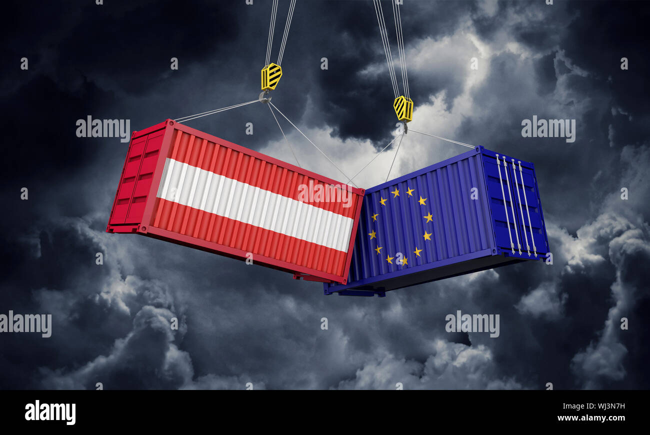 Österreich und Europa Handelskrieg Konzept. Rattern der Frachtcontainer. 3D-Rendering Stockfoto