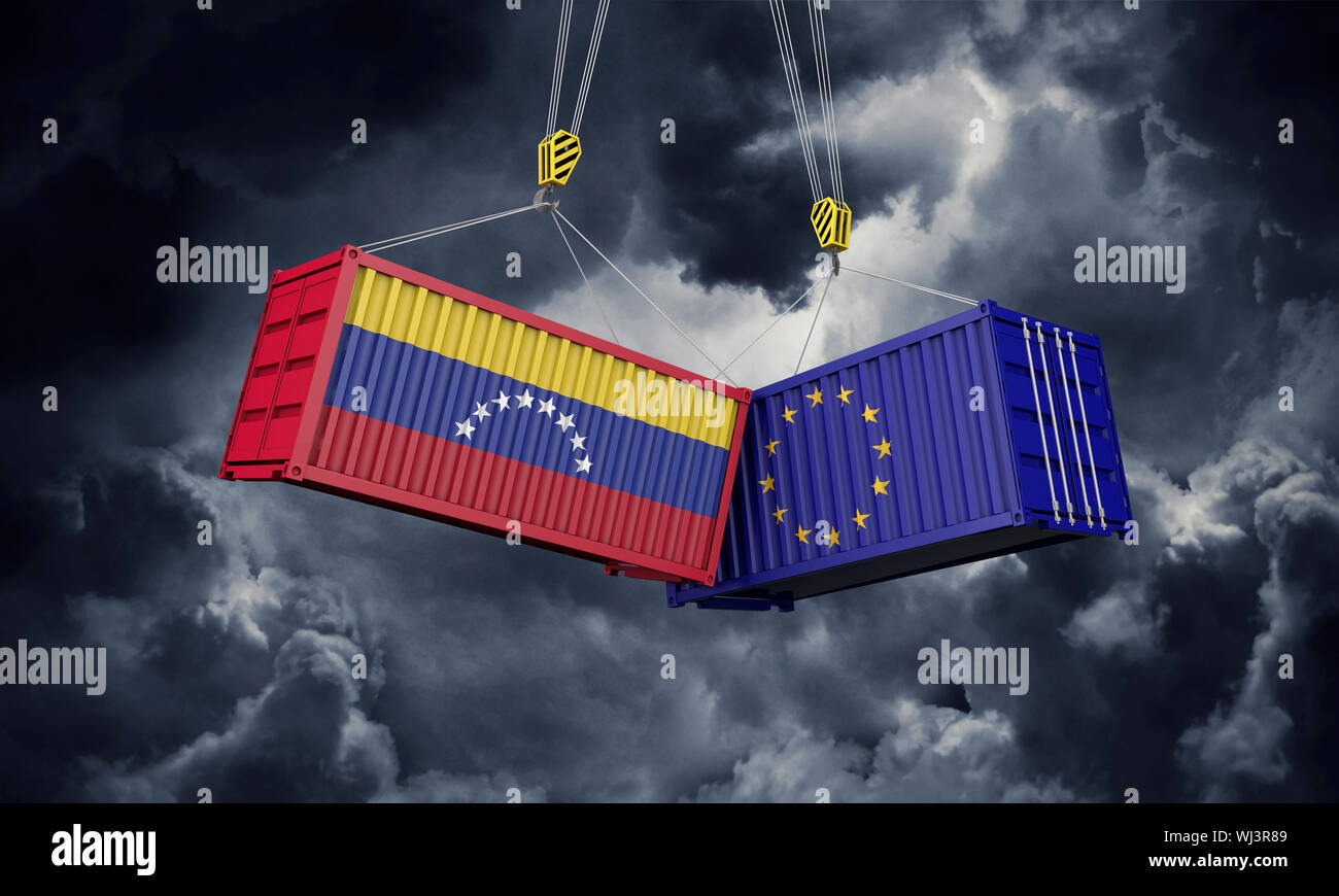 Venezuela und Europa Handelskrieg Konzept. Rattern der Frachtcontainer. 3D-Rendering Stockfoto