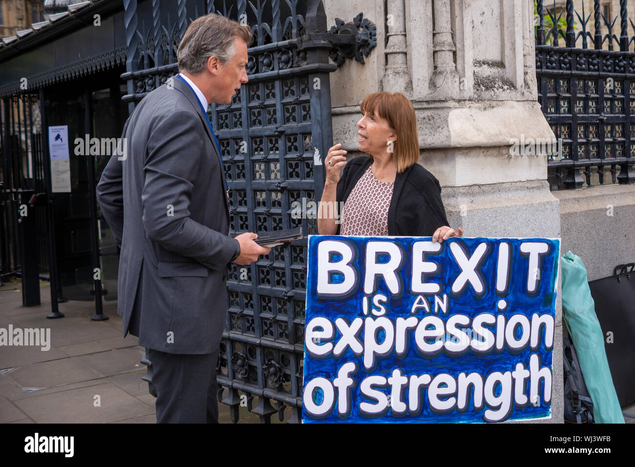 MPS sind im Palace of Westminster angekommen, um nach der Sommerpause wieder ihre Aufgaben aufzunehmen, zumindest bis zum Vorabend des Parlaments nächste Woche. Tom Newton Dunn spricht mit Demonstranten vor dem Parlament Stockfoto