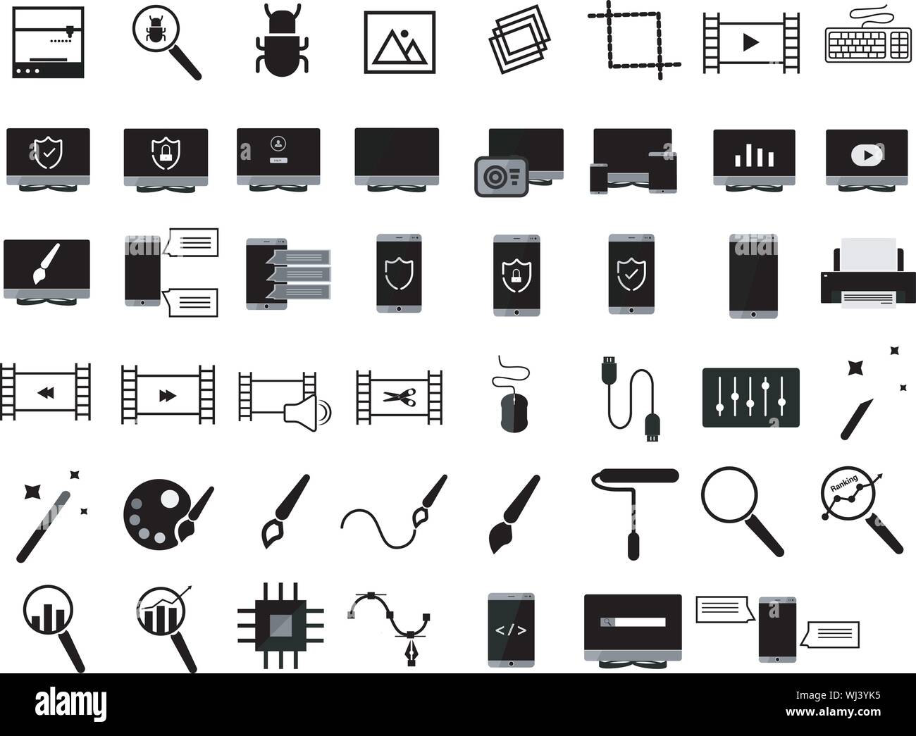 Multimedia-Bearbeitungs- und Designsymbole Sammlungsvektor Stock Vektor