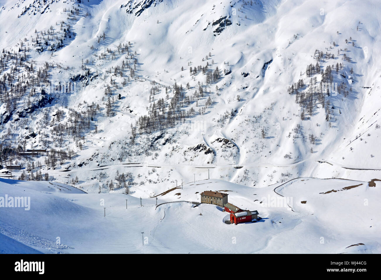 Die Grand St Bernard Pass im Winter auf der italienischen Seite Stockfoto