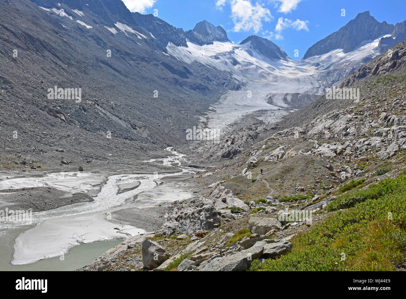 Oberaarhorn (r) und Oberaarrothorn (l) auf beiden Seiten der Oberaar Gletscher und die oberaar See in die Berner Alpen Schweiz Stockfoto
