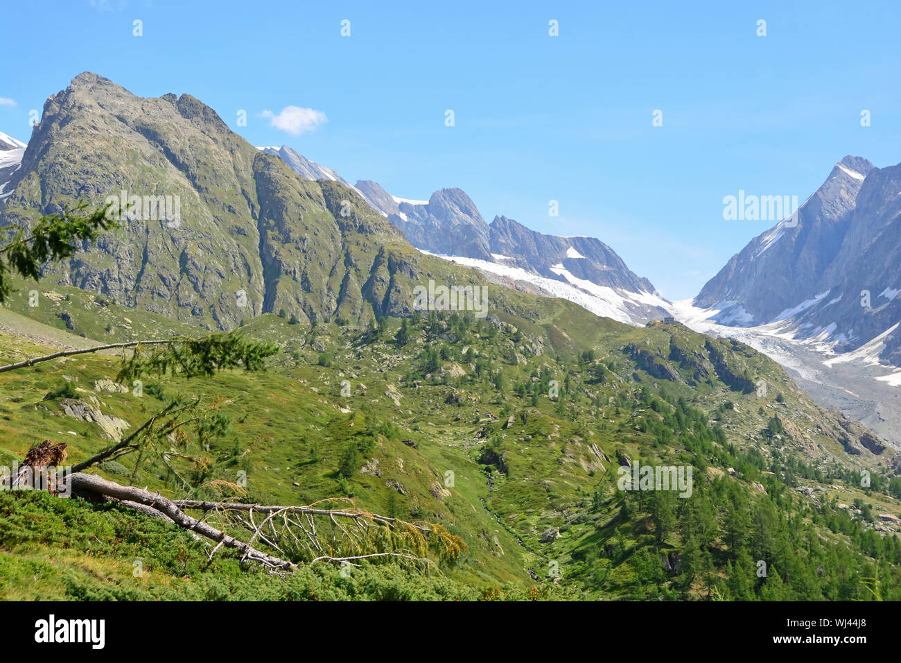 Die hohe Lotschenlucke Pass in den Schweizer Alpen die Verknüpfung der Lotschtal Tal und den Aletschgletscher und zwischen Mittaghorn und das sattelhorn. Vordergrund Stockfoto