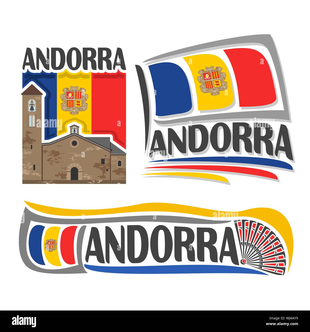 Vektor logo für Andorra, 3 isolierte Illustrationen: Sant Marti de La Cortinada auf Hintergrund der nationalen Staat Fahne, dem Symbol des Fürstentums Andorra Stock Vektor