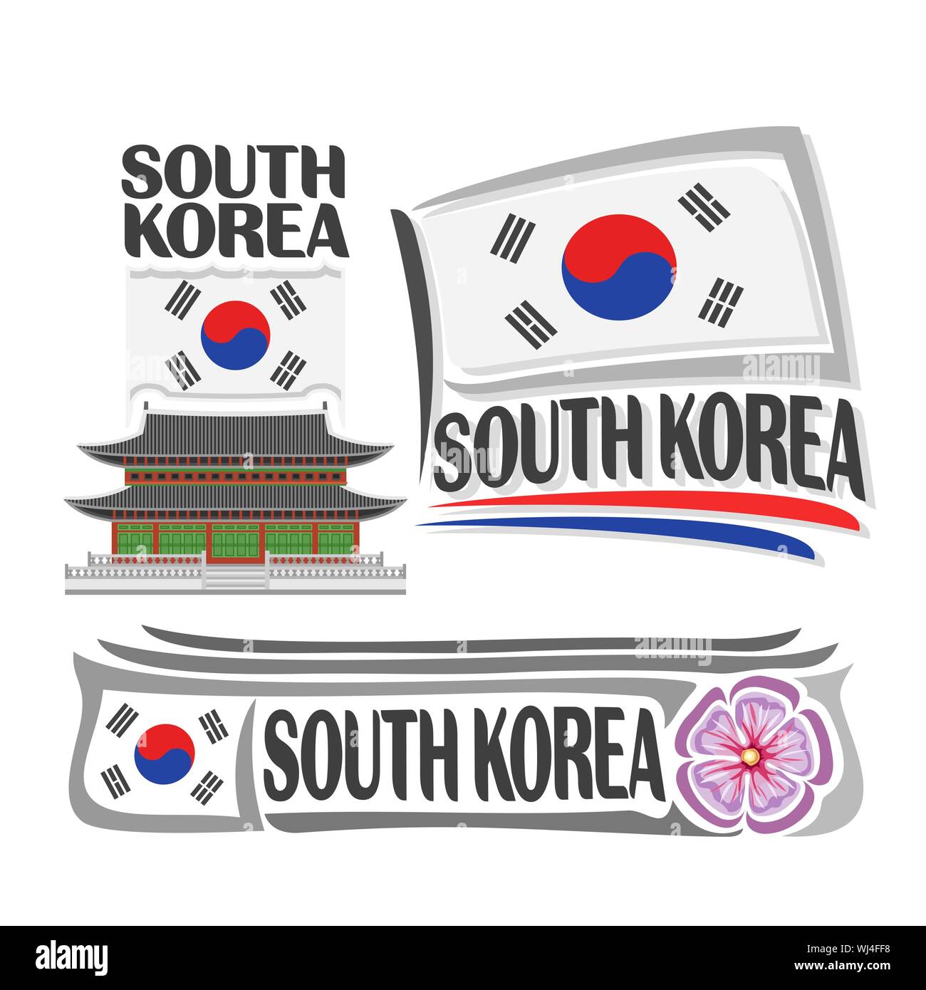 Vektor logo für Südkorea, 3 isolierte Images: vertikale Banner mit Gyeongbokgung Palast in Seoul auf dem Hintergrund der koreanischen nationalen Staat Flagge und Ros Stock Vektor