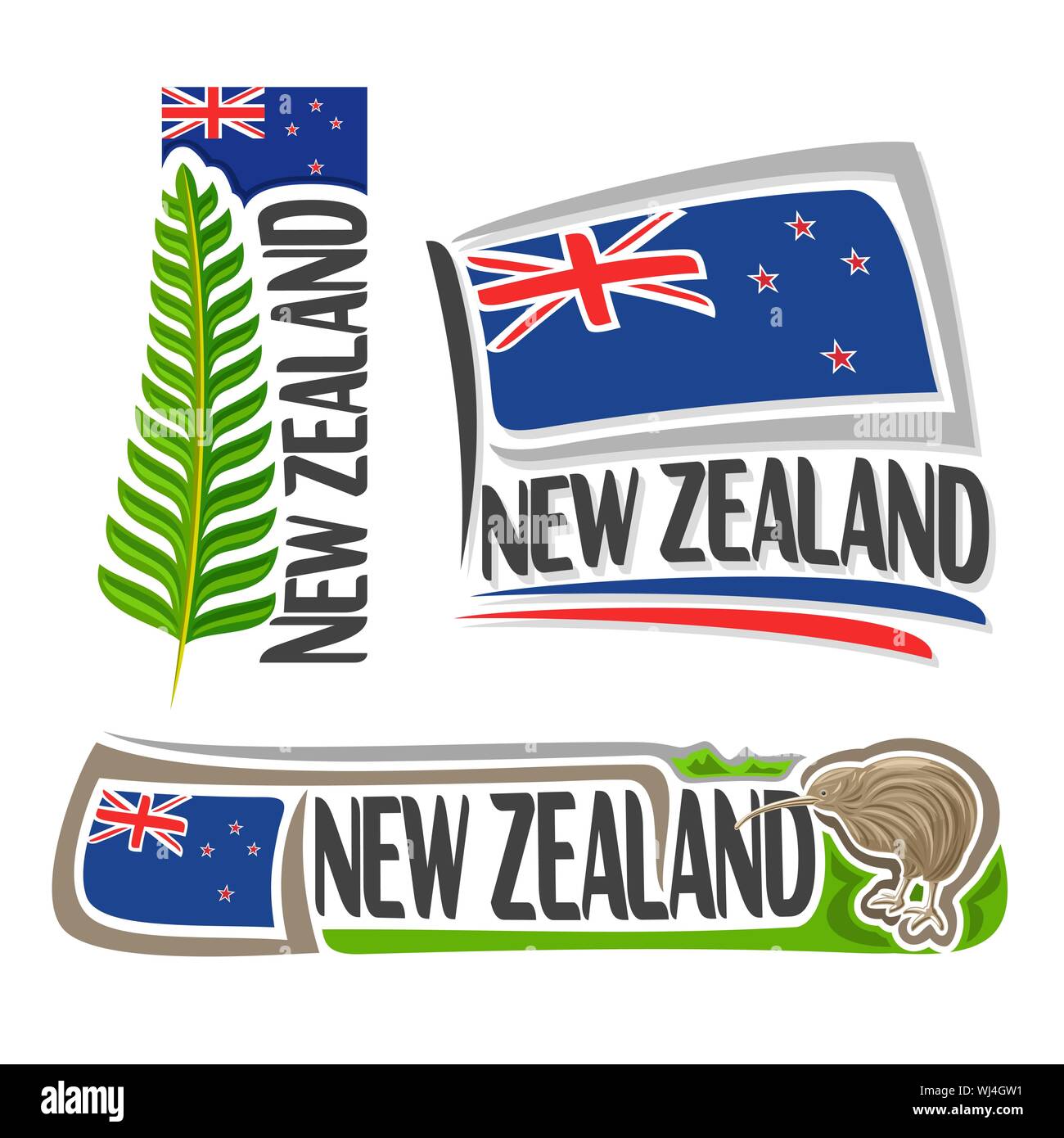 Vektor logo fr Neuseeland, 3 isolierte Images: vertikale Banner mit Zweig  der grnen Farn Blatt auf Hintergrund der NZ national State Flag und Symbol  der n Stock-Vektorgrafik - Alamy