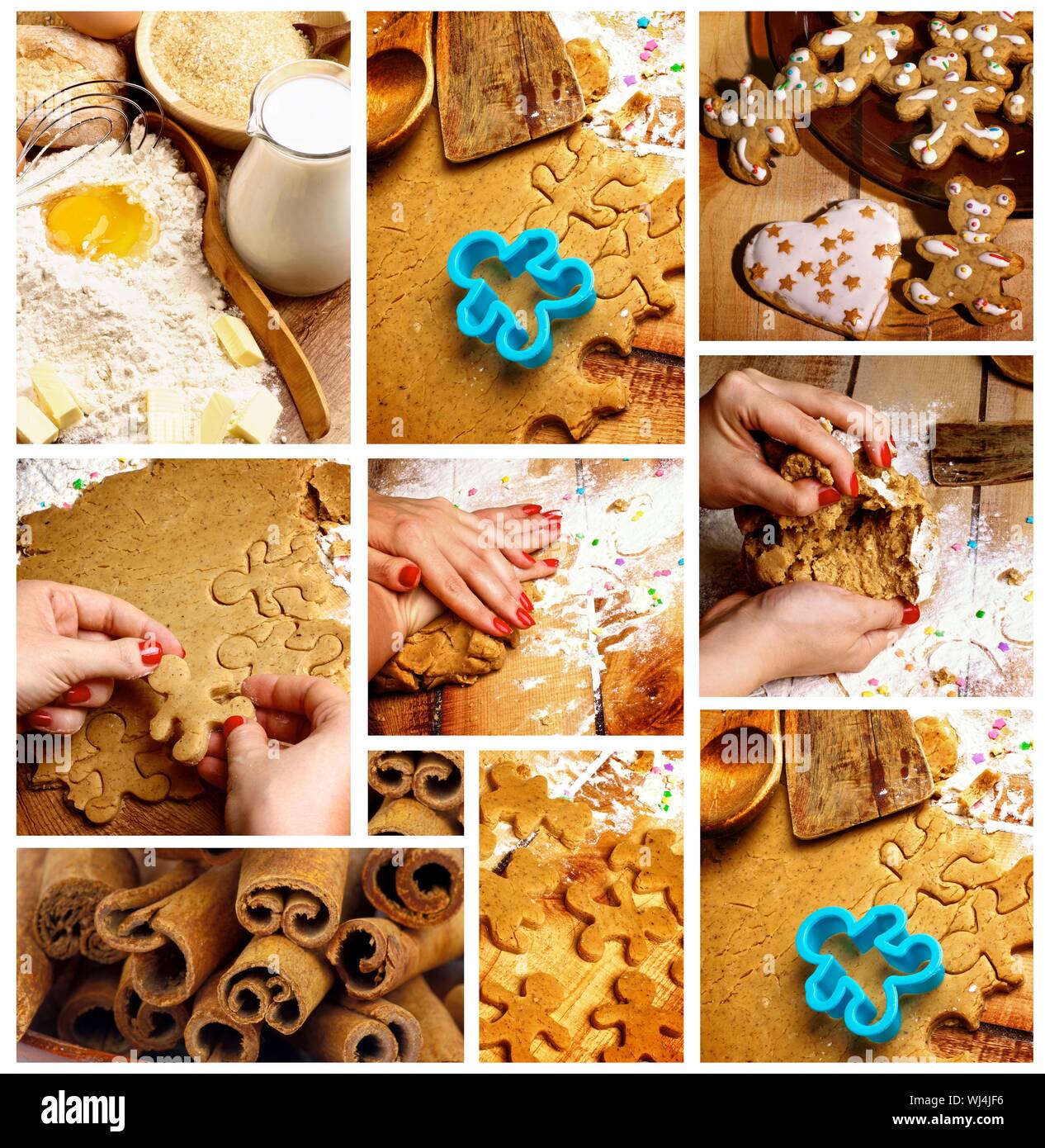 Sammlung der Vorbereitung Lebkuchen Cookies mit Teig, Weihnachtsplätzchen und Zutaten closeup Stockfoto