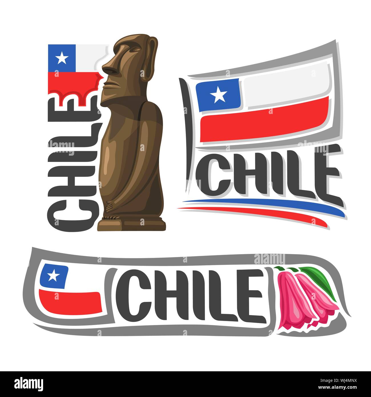 Vektor logo Chile, 3 isolierte Illustrationen: Moai Stein Statue Kopf auf der Osterinsel auf Hintergrund der nationalen State Flag, Symbol der Republik Chile ein Stock Vektor