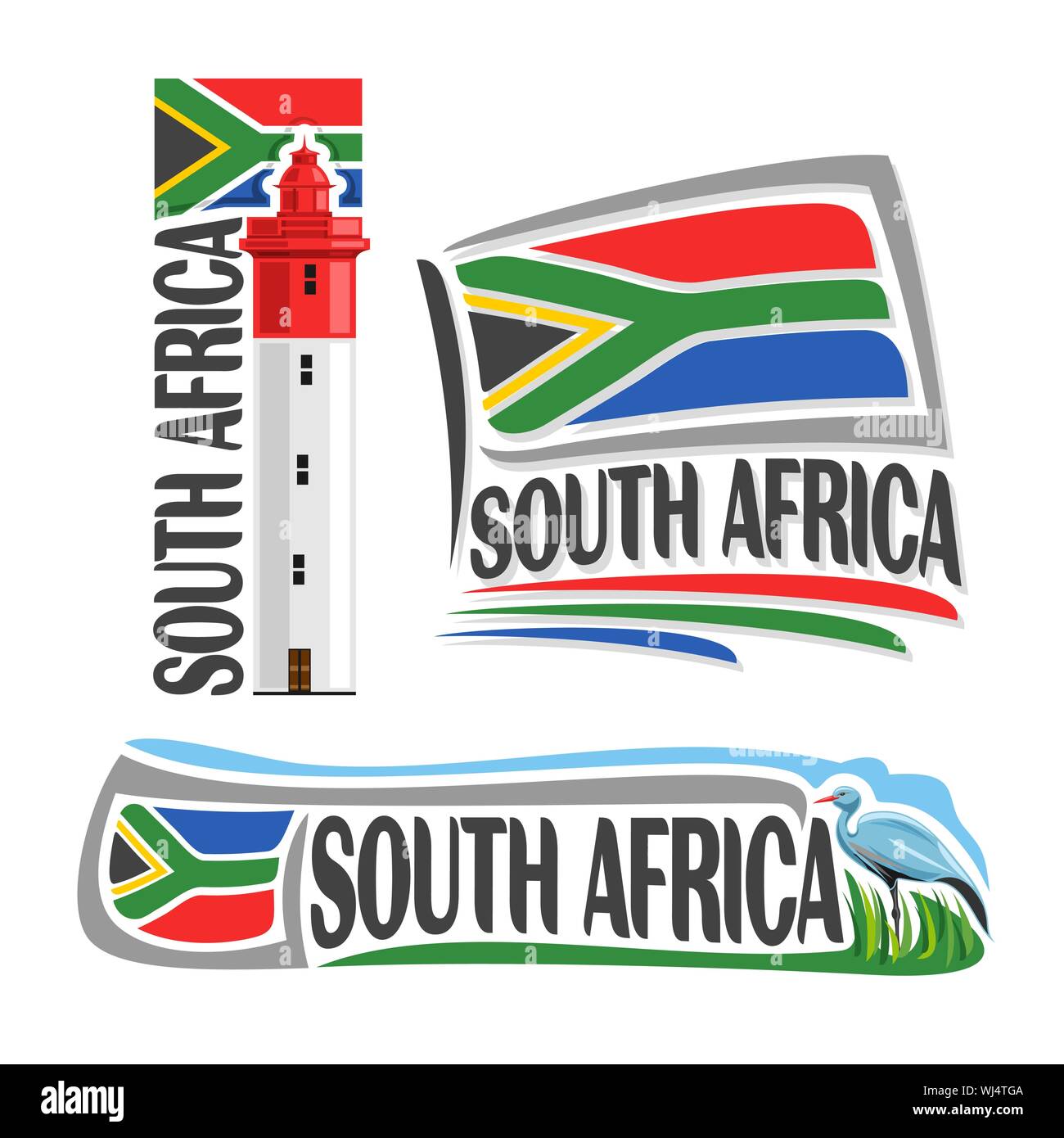 Vektor logo für Südafrika, 3 isolierte Images: Leuchtturm in Umhlanga Rocks auf dem Hintergrund der staatlichen Flagge und Bird Blue Crane. Stock Vektor