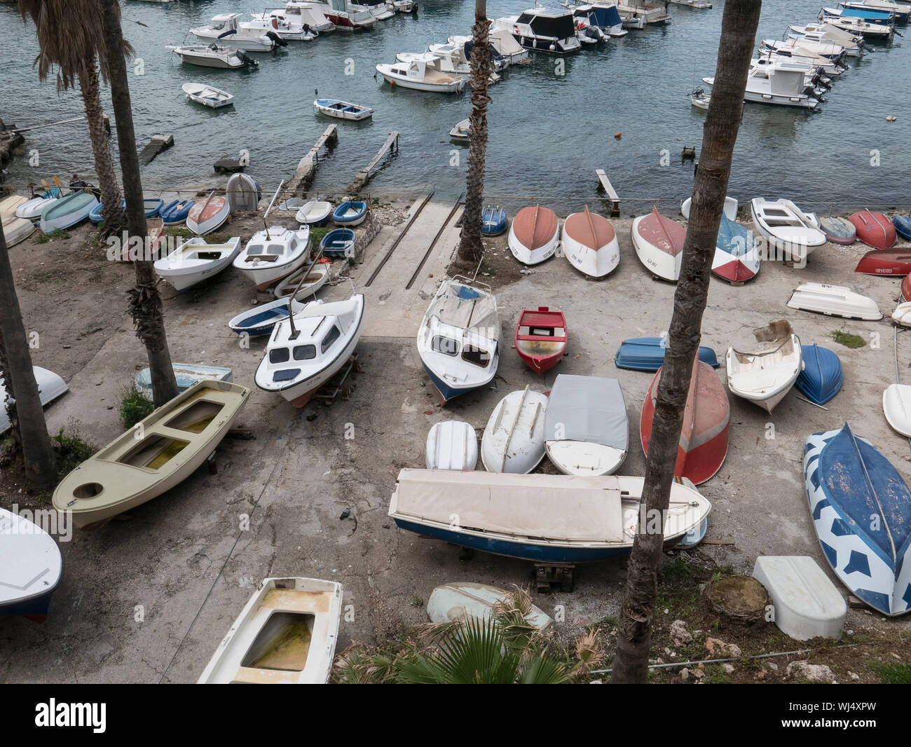 Boote trocken an der Marina, Dubrovnik, Kroatien Stockfoto