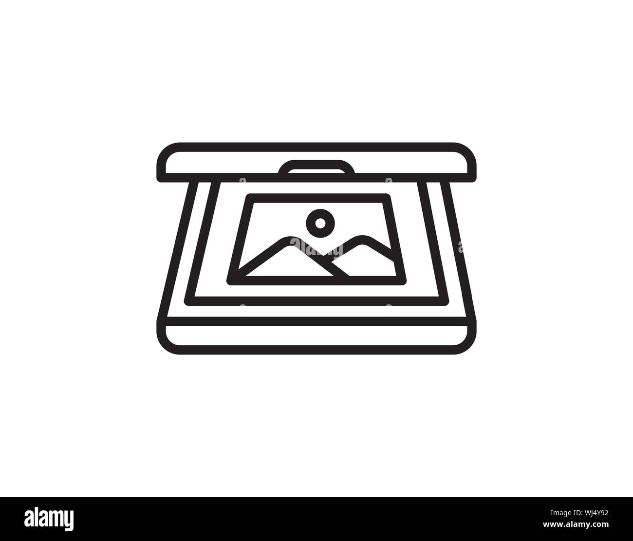 Flachbettscanner-Symbol mit Fotoscan und Deckelkontur Stock Vektor