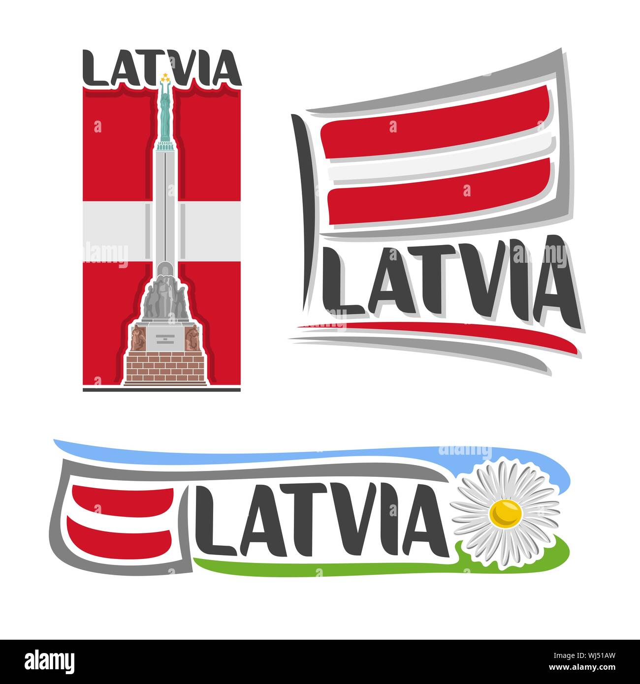 Vektor logo für Lettland, 3 isolierte Illustrationen: Freiheitsdenkmal in Riga auf dem Hintergrund der nationalen State Flag, Symbol der Lettland Architektur und lat. Stock Vektor