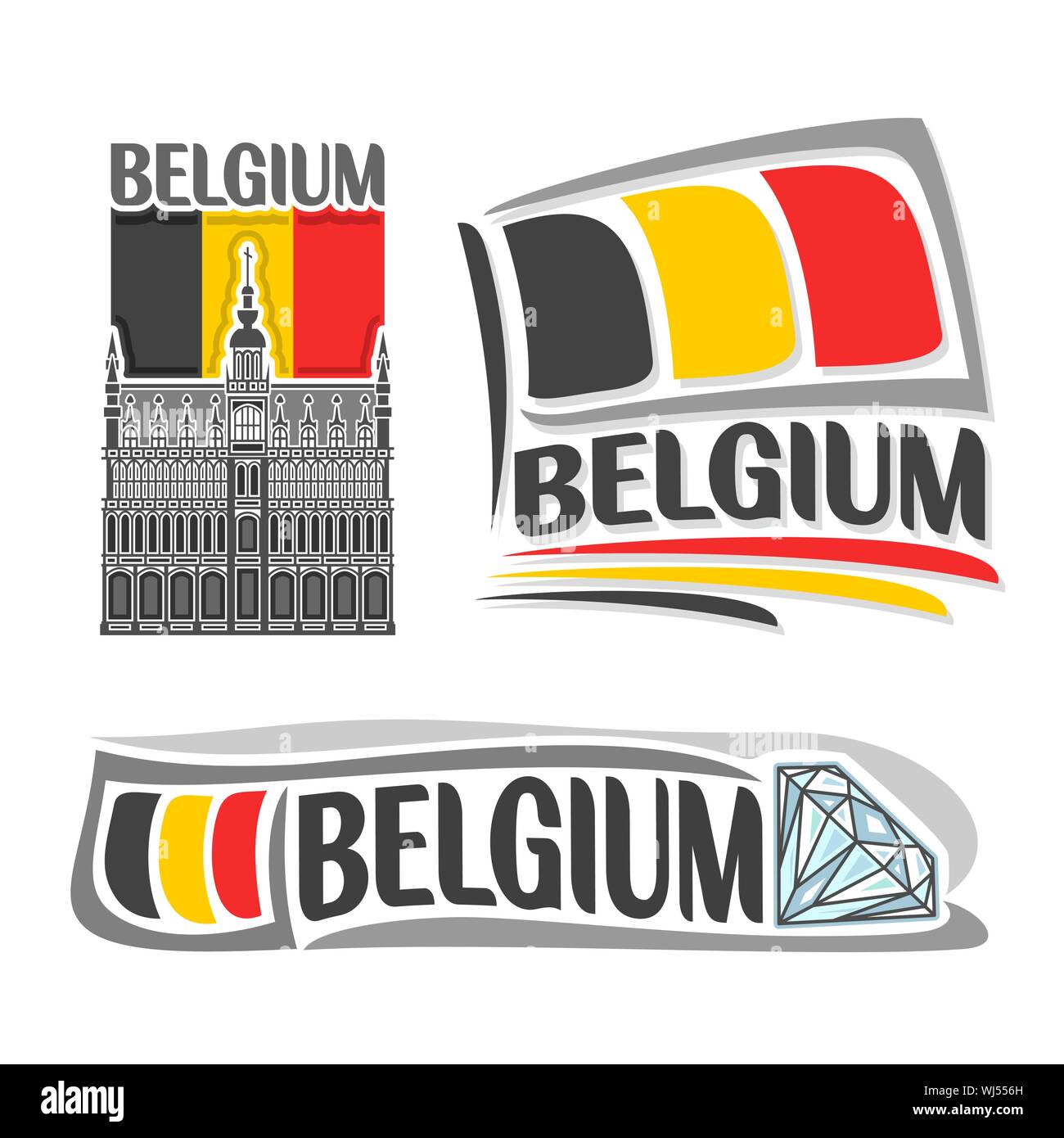 Vektor logo für Belgien, 3 isolierte Illustrationen: Nationalflagge hinter King's Haus in Brüssel, horizontale Symbol der Architektur und belgia Belgien Stock Vektor
